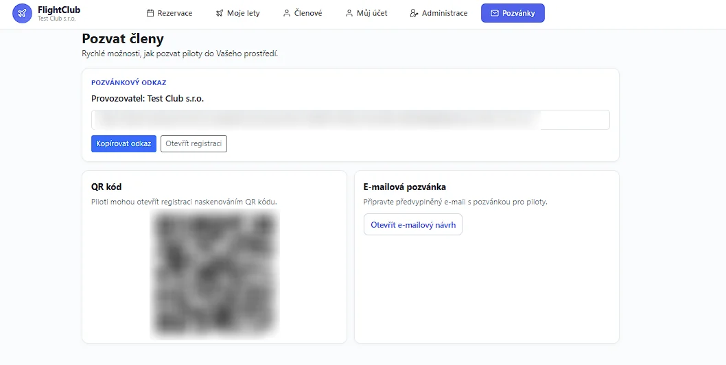 Pozvání členů do provozovatele odkazem, QR kódem nebo e-mailem