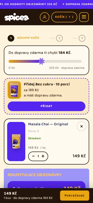 Košík upravený pro telefon: kroky objednávky, položky jako karty a doprava zdarma