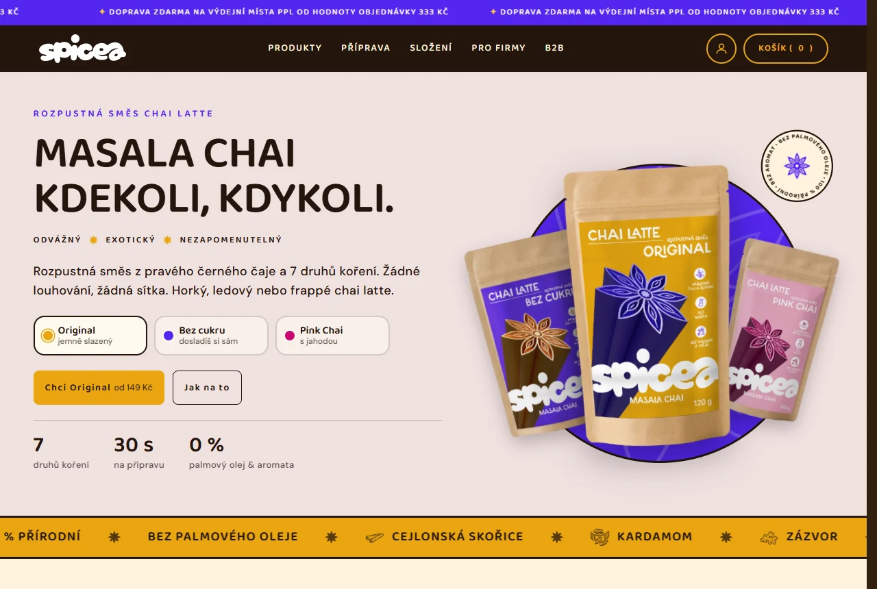 Spicea: úvodní stránka e-shopu s instantním chai latte, výběrem varianty a hlavní výzvou k nákupu